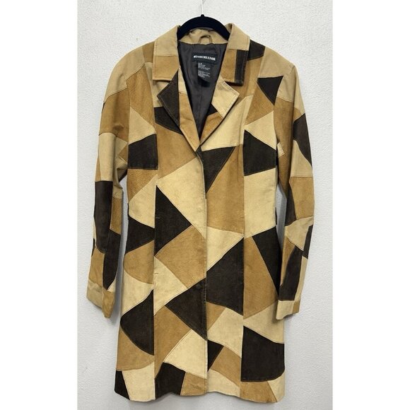 Womens Suede Leather Trench Coat Jacket Patch work Brown Size Medium  Snap Front - Picture 1 of 10
